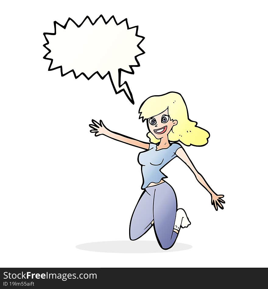 cartoon jumping woman with speech bubble