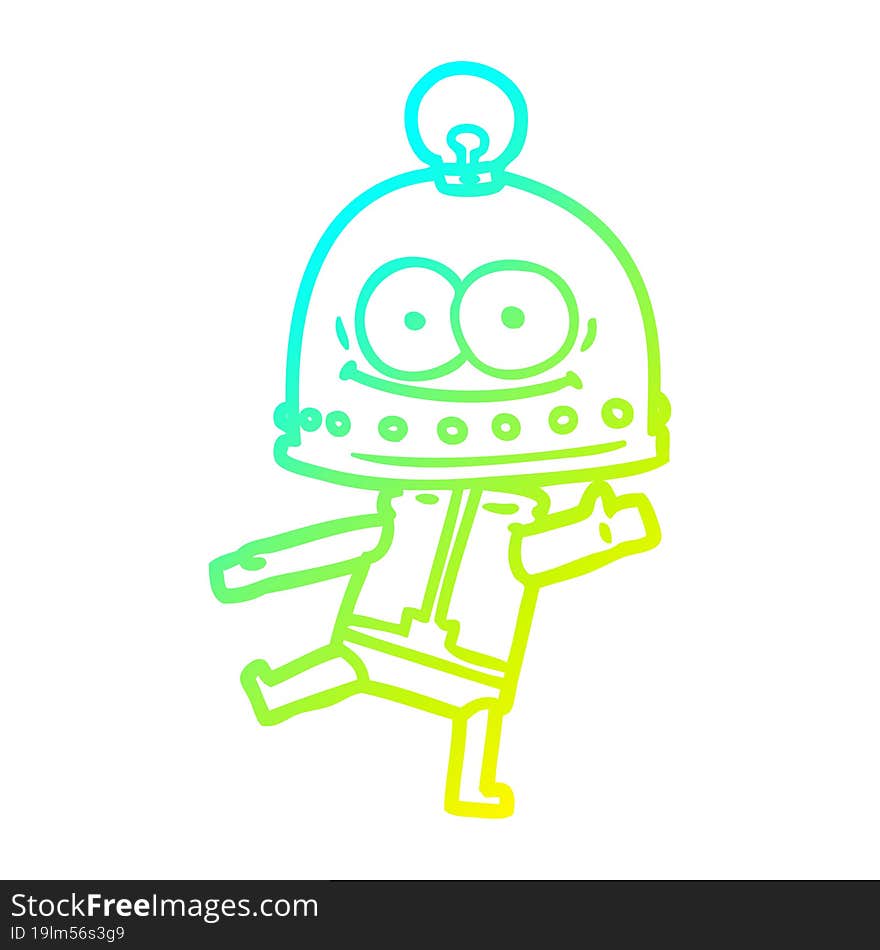 cold gradient line drawing happy carton robot with light bulb