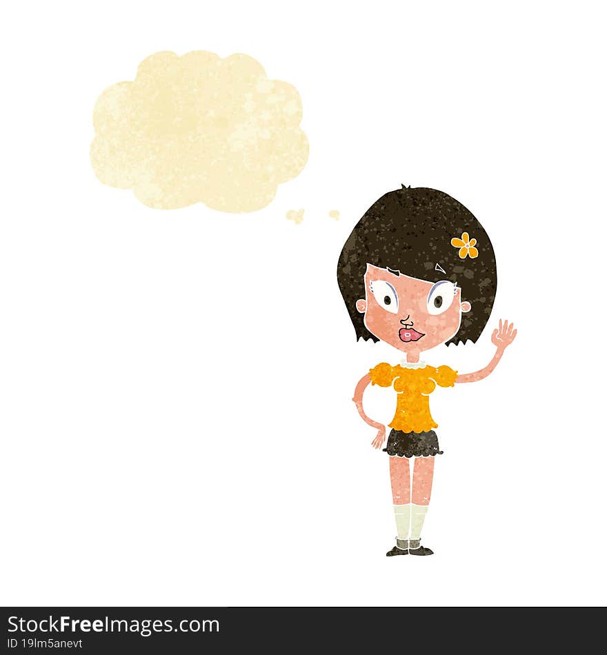 Cartoon Pretty Girl Waving With Thought Bubble