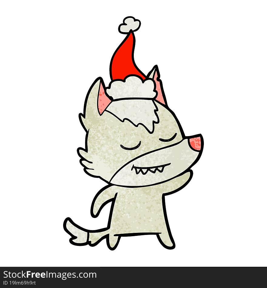 Friendly Textured Cartoon Of A Wolf Wearing Santa Hat