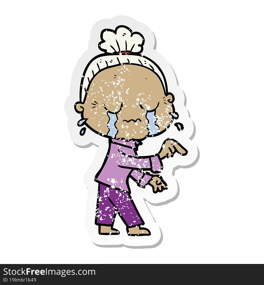 distressed sticker of a cartoon crying old lady