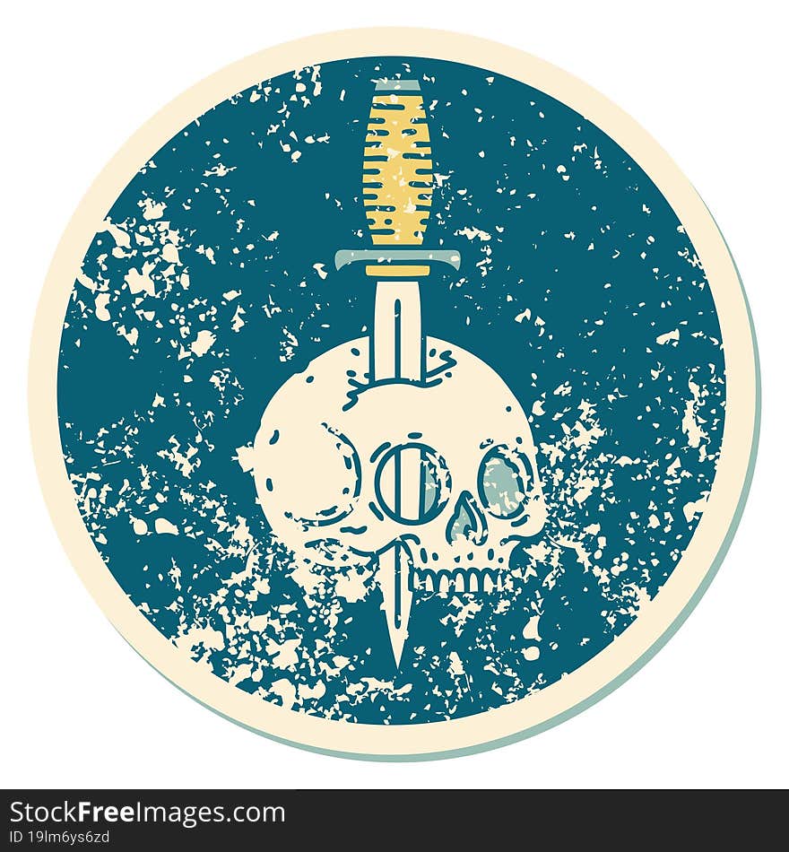 distressed sticker tattoo style icon of a skull and dagger