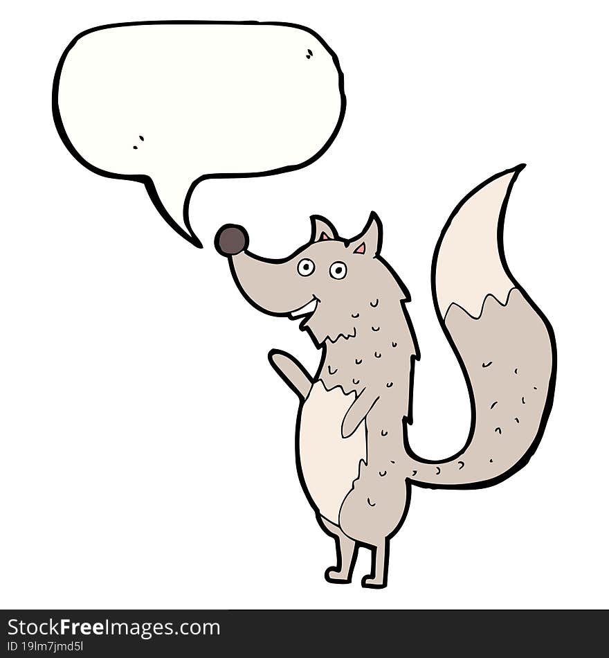 cartoon waving wolf with speech bubble