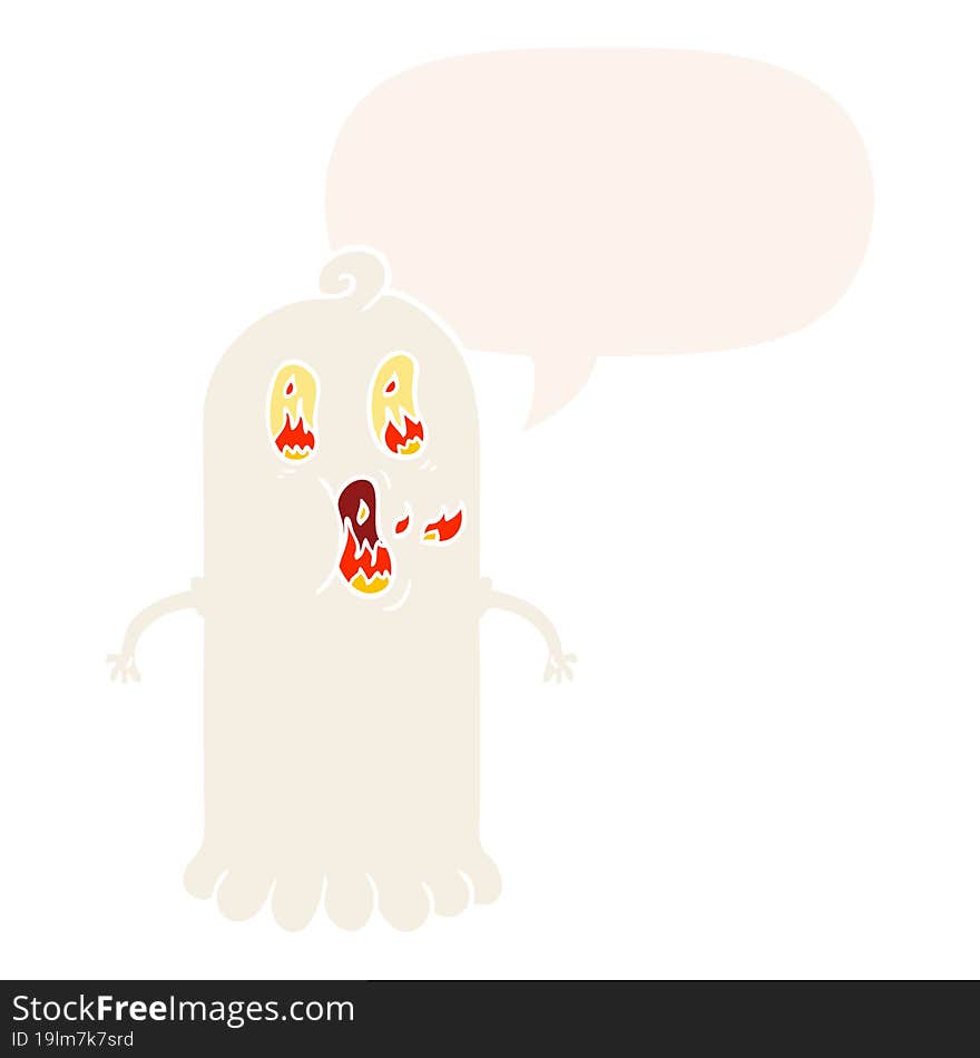 cartoon ghost and flaming eyes and speech bubble in retro style