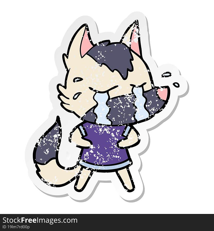 distressed sticker of a cartoon crying wolf