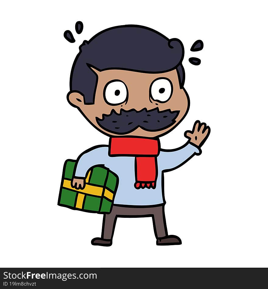 cartoon man with mustache and christmas present. cartoon man with mustache and christmas present