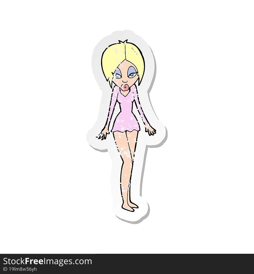 retro distressed sticker of a cartoon woman in short dress