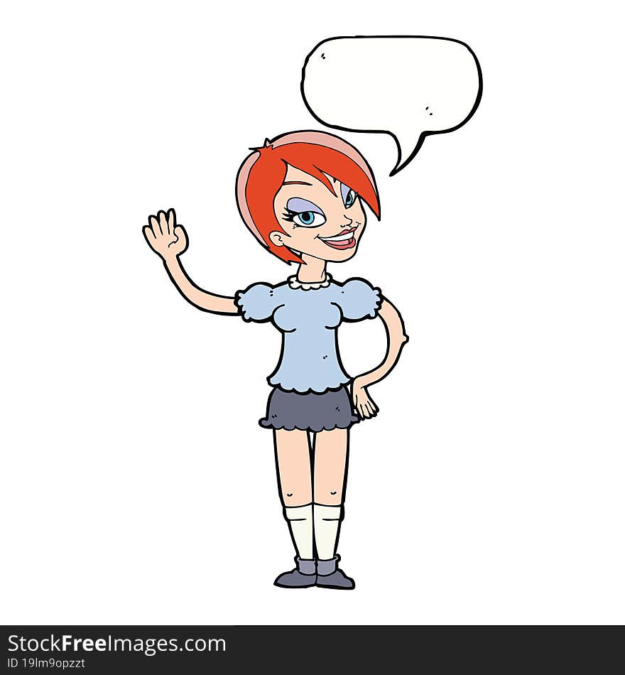 cartoon waving woman with speech bubble