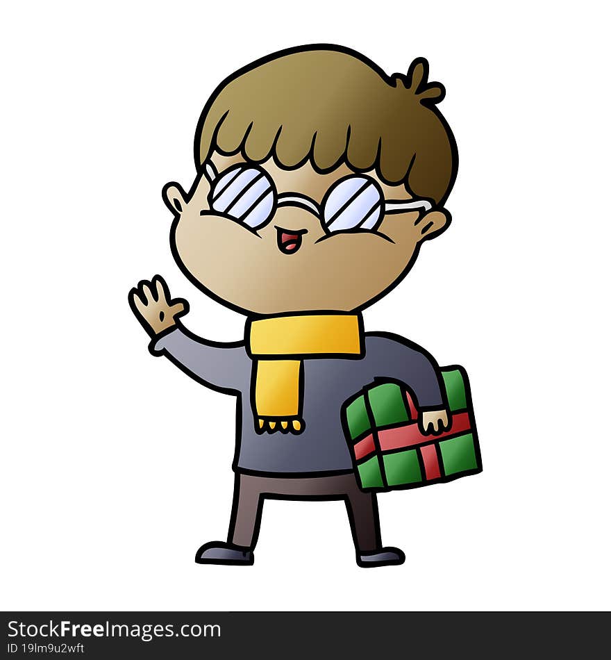 cartoon boy wearing spectacles carrying gift. cartoon boy wearing spectacles carrying gift