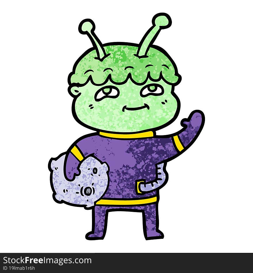 friendly cartoon spaceman waving. friendly cartoon spaceman waving