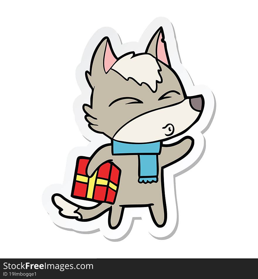 sticker of a cartoon christmas wolf whistling