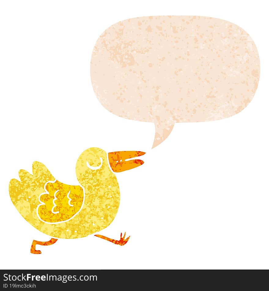 cartoon bird and speech bubble in retro textured style