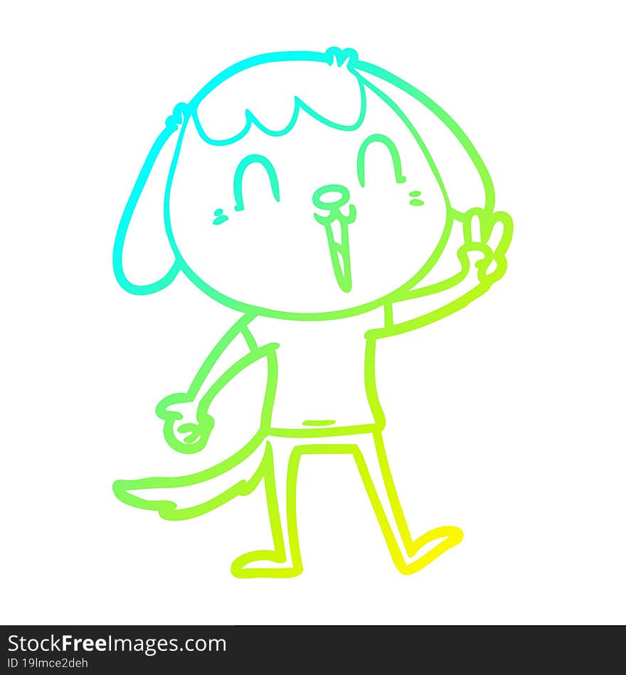 cold gradient line drawing of a happy cartoon dog giving peace sign