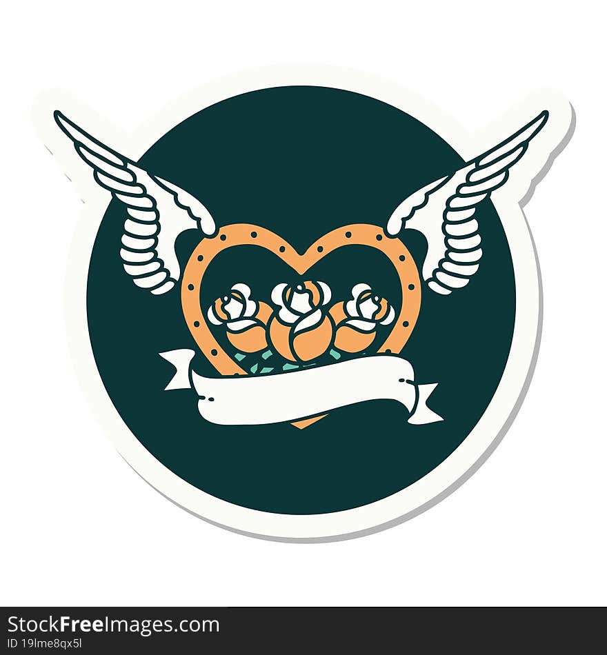 tattoo style sticker of a flying heart with flowers and banner