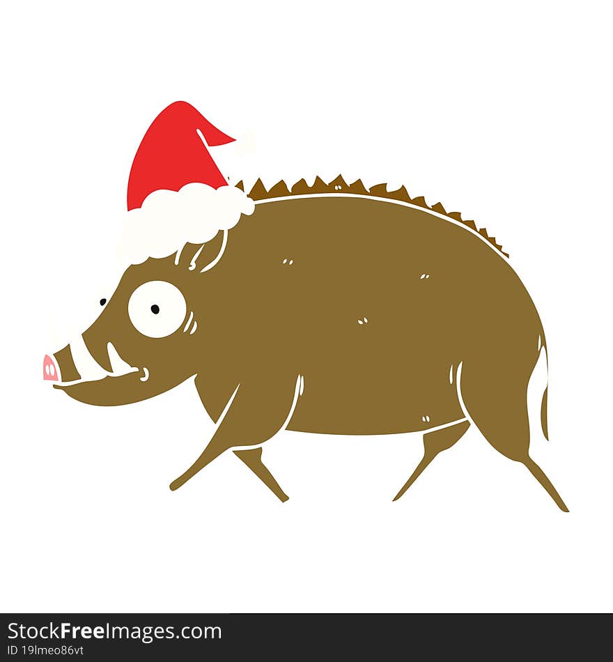 hand drawn flat color illustration of a wild boar wearing santa hat