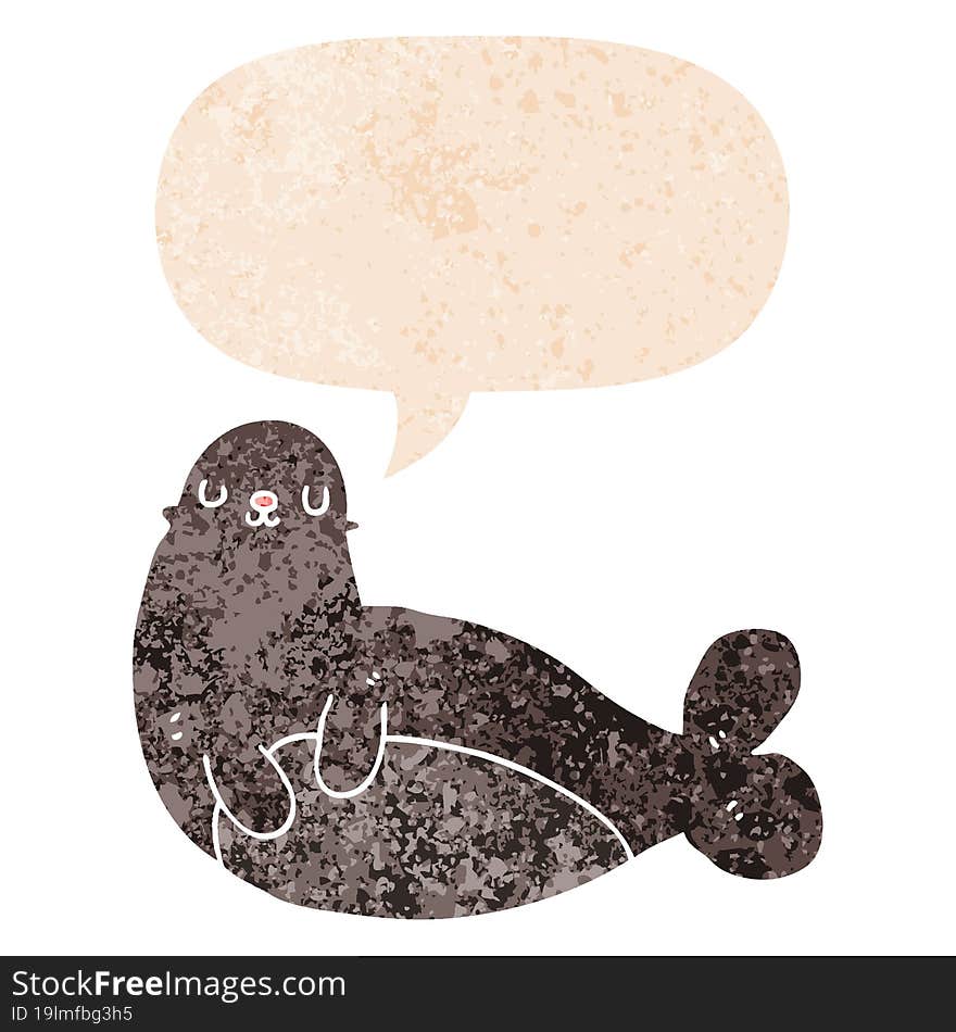 cartoon seal and speech bubble in retro textured style