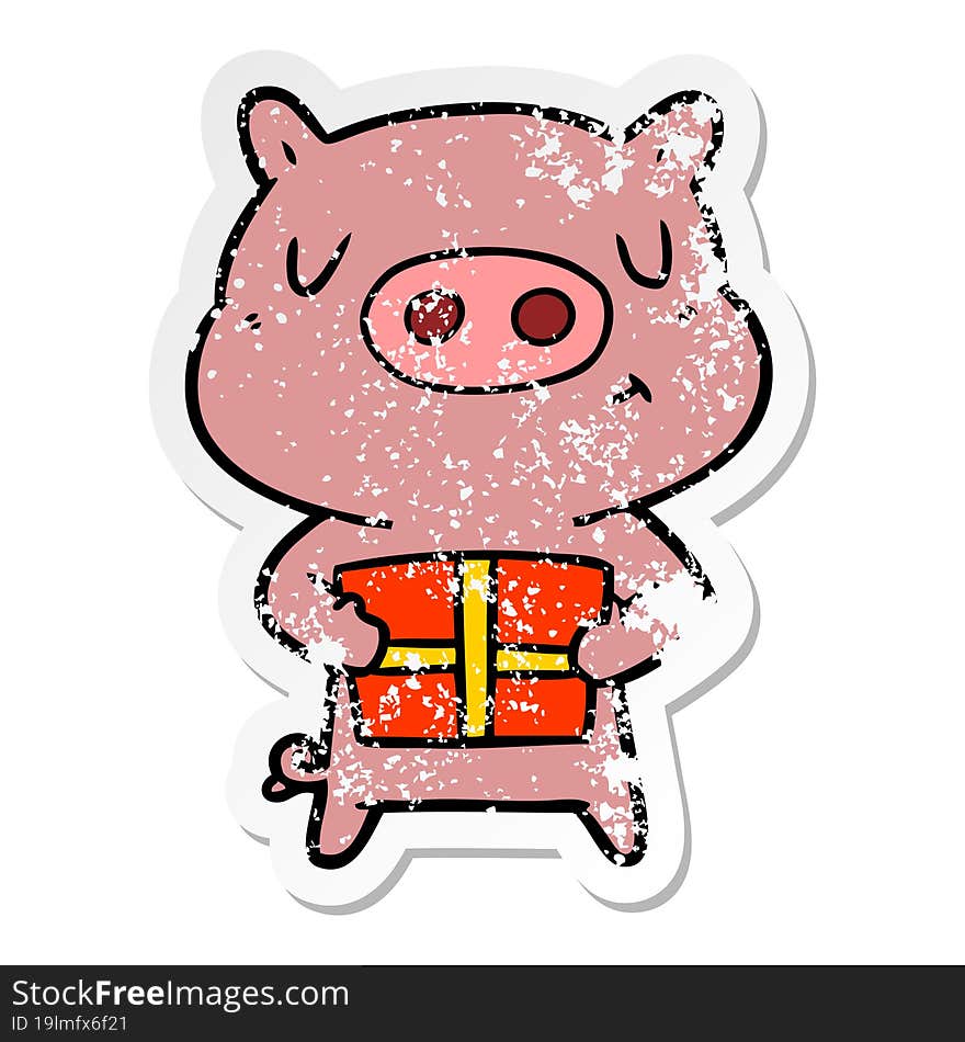 distressed sticker of a cartoon christmas pig