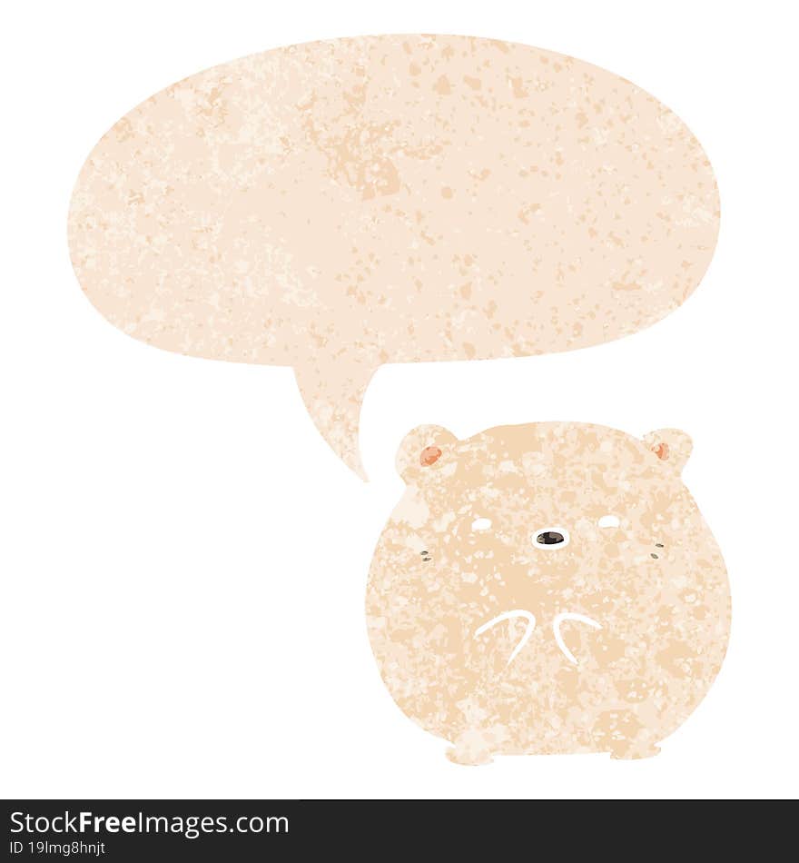 cartoon polar bear and speech bubble in retro textured style