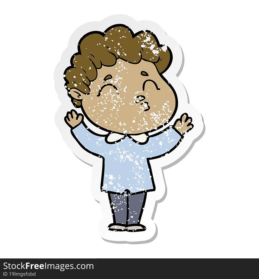 distressed sticker of a cartoon man shrugging