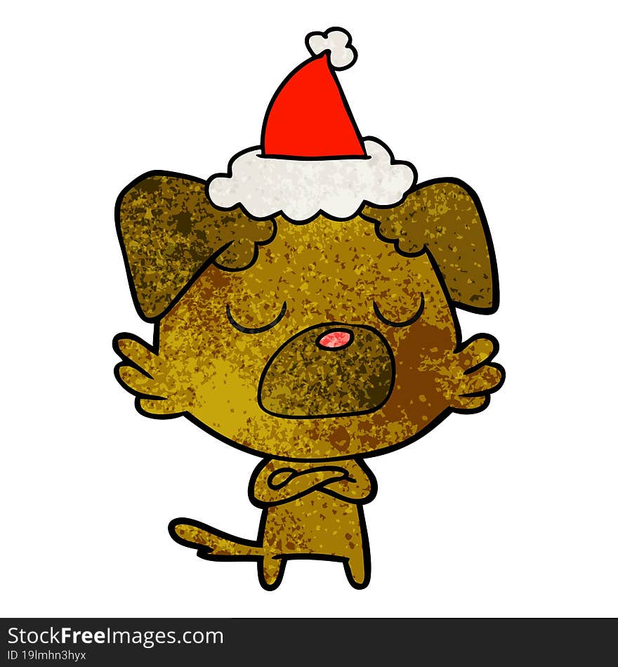 hand drawn textured cartoon of a dog wearing santa hat