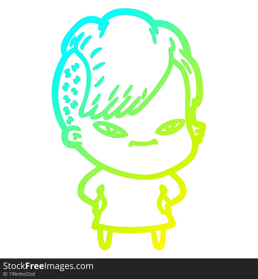 cold gradient line drawing of a cute cartoon girl with hipster haircut