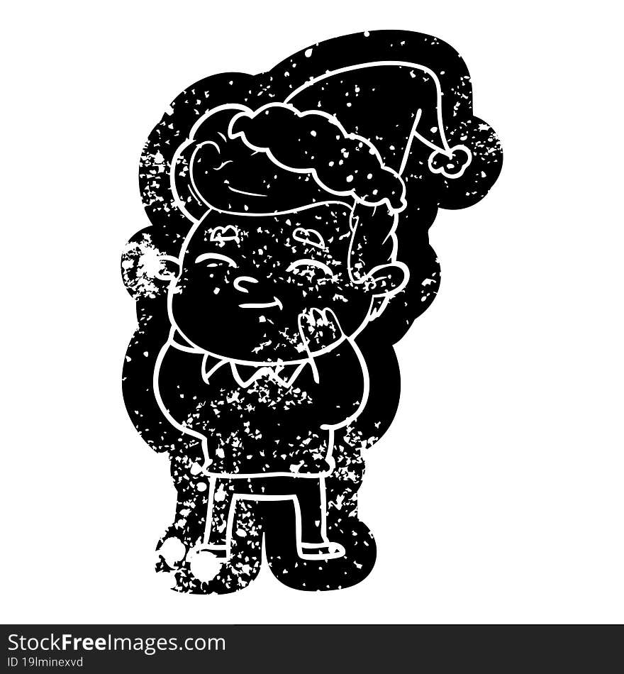 happy cartoon distressed icon of a man wearing santa hat