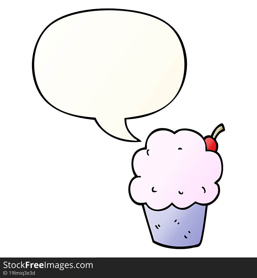 cartoon cupcake with speech bubble in smooth gradient style