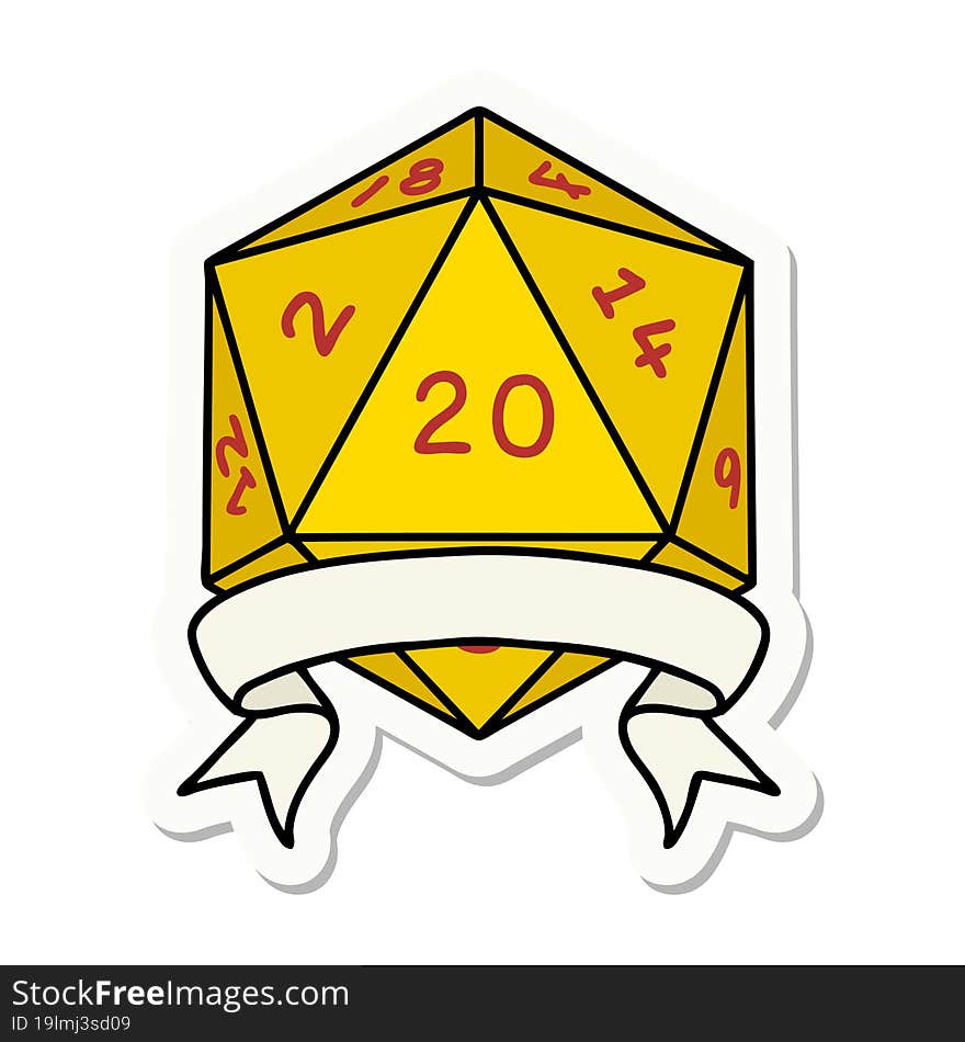 sticker of a natural 20 critical hit D20 dice roll. sticker of a natural 20 critical hit D20 dice roll