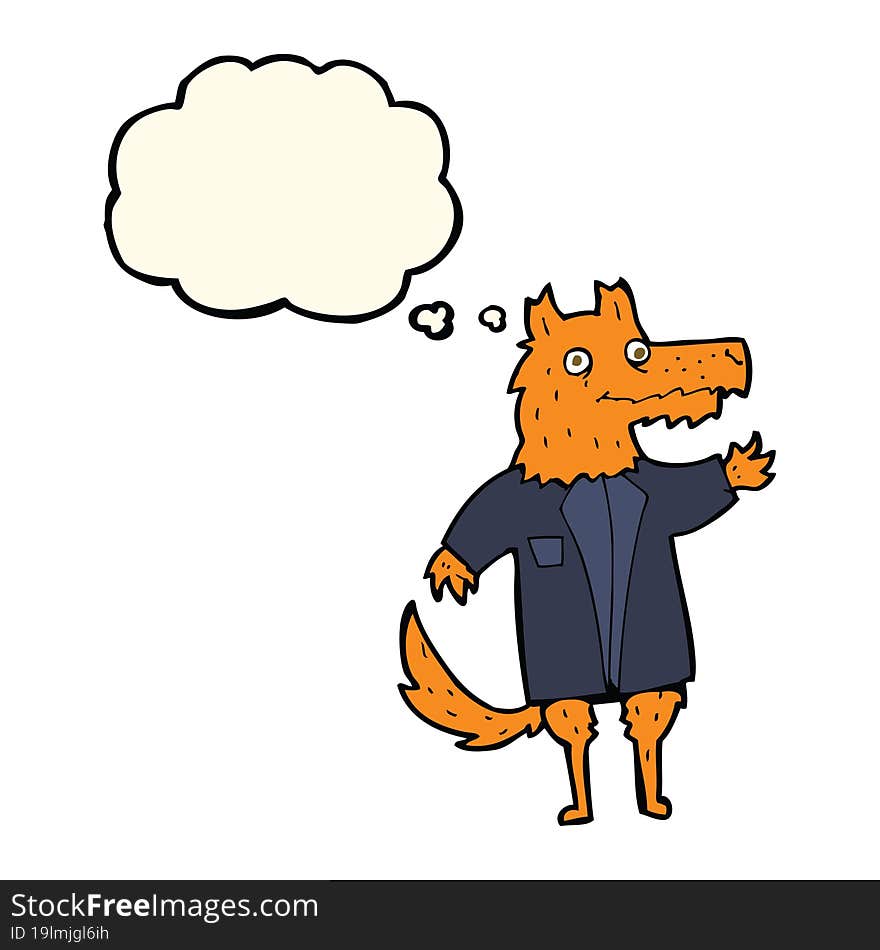 cartoon fox businessman with thought bubble