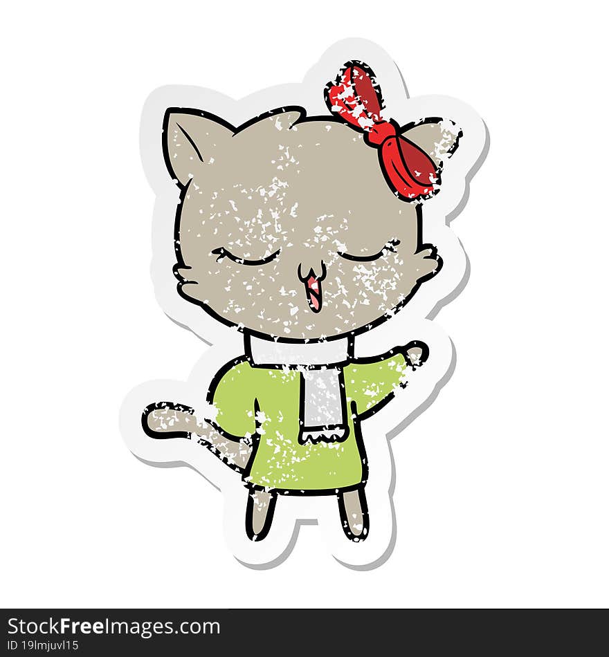 distressed sticker of a cartoon cat with bow on head