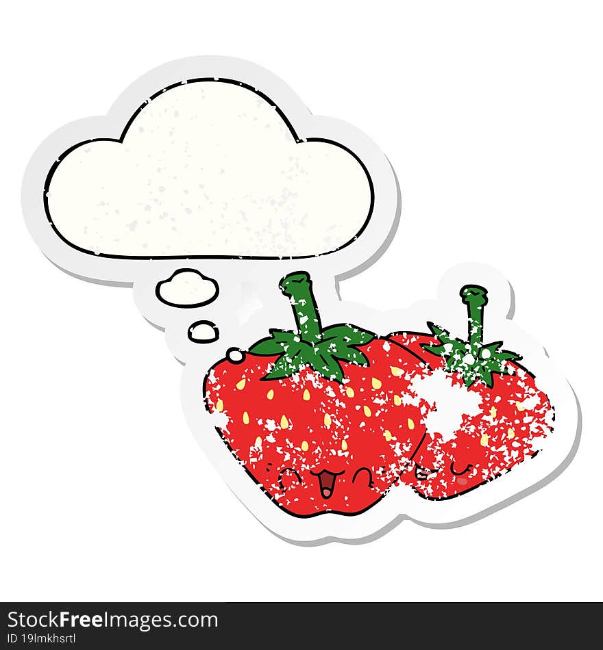 cartoon strawberries and thought bubble as a distressed worn sticker