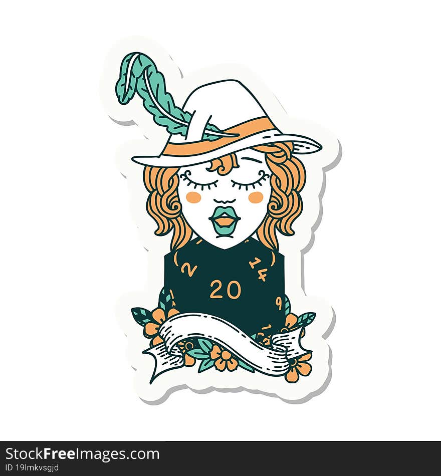 sticker of a human bard with natural 20 dice roll. sticker of a human bard with natural 20 dice roll