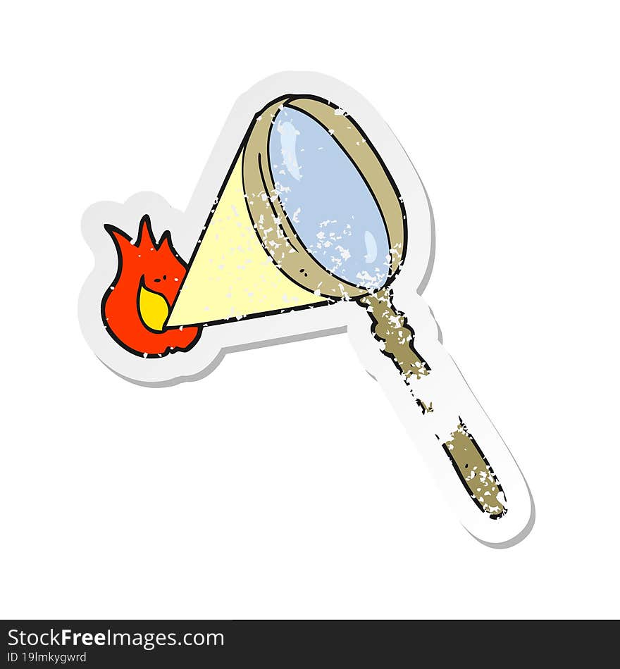 Retro Distressed Sticker Of A Cartoon Magnifying Glass Burning