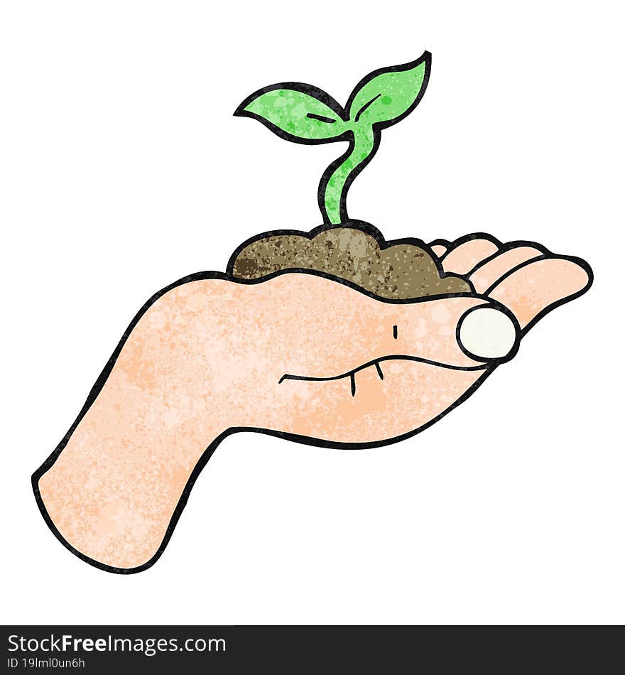 textured cartoon seedling growing held in hand