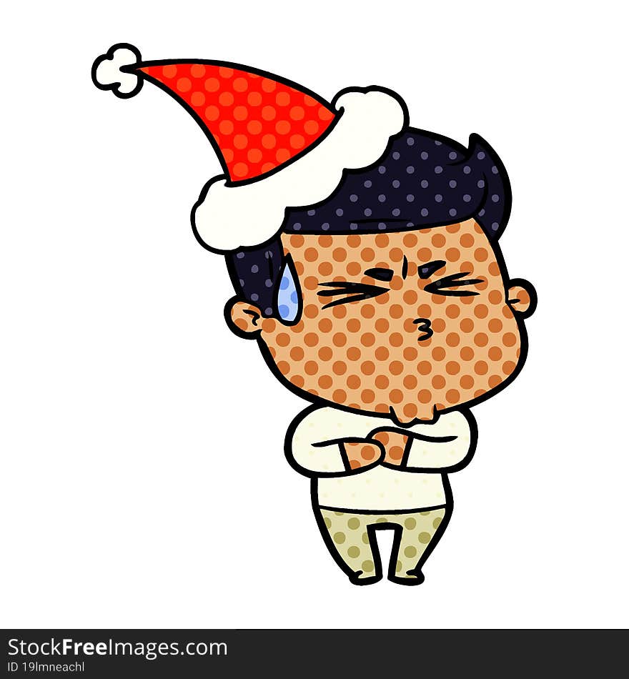 comic book style illustration of a frustrated man wearing santa hat