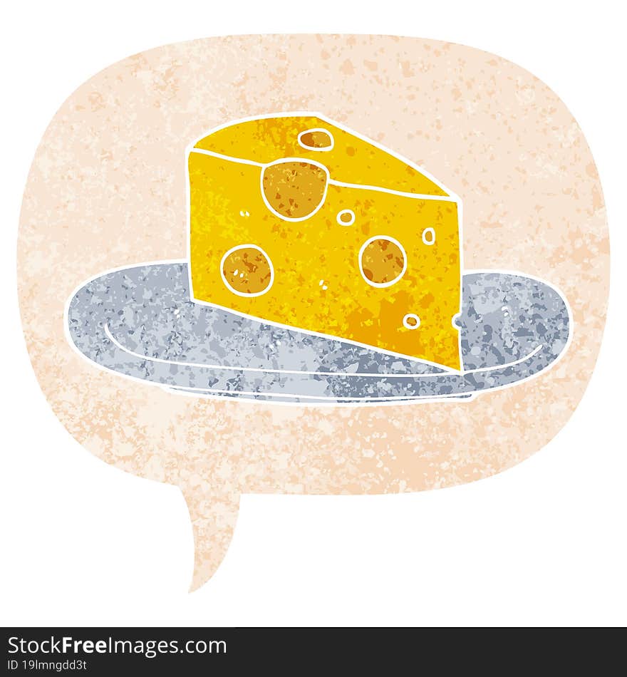 cartoon cheese and speech bubble in retro textured style