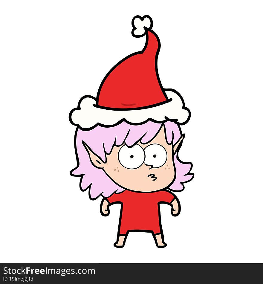 line drawing of a elf girl staring wearing santa hat