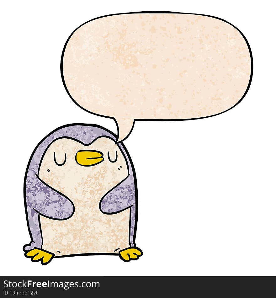 cartoon penguin and speech bubble in retro texture style