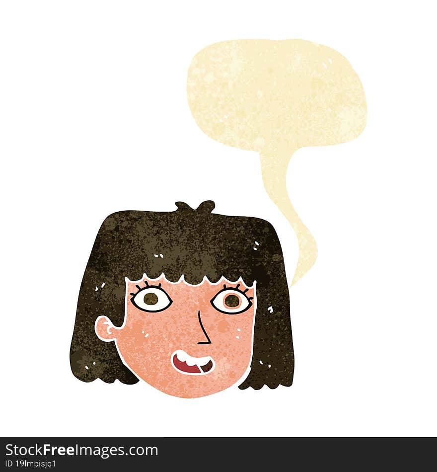 cartoon happy female face with thought bubble