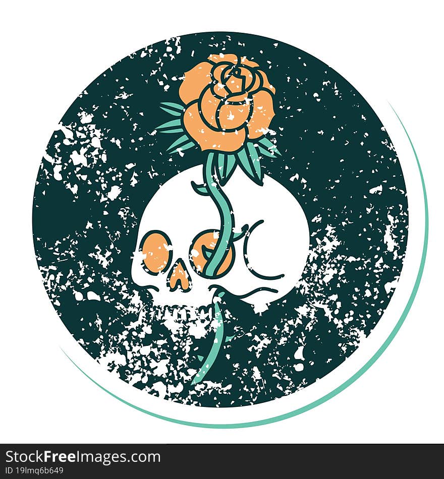 distressed sticker tattoo style icon of a skull and rose