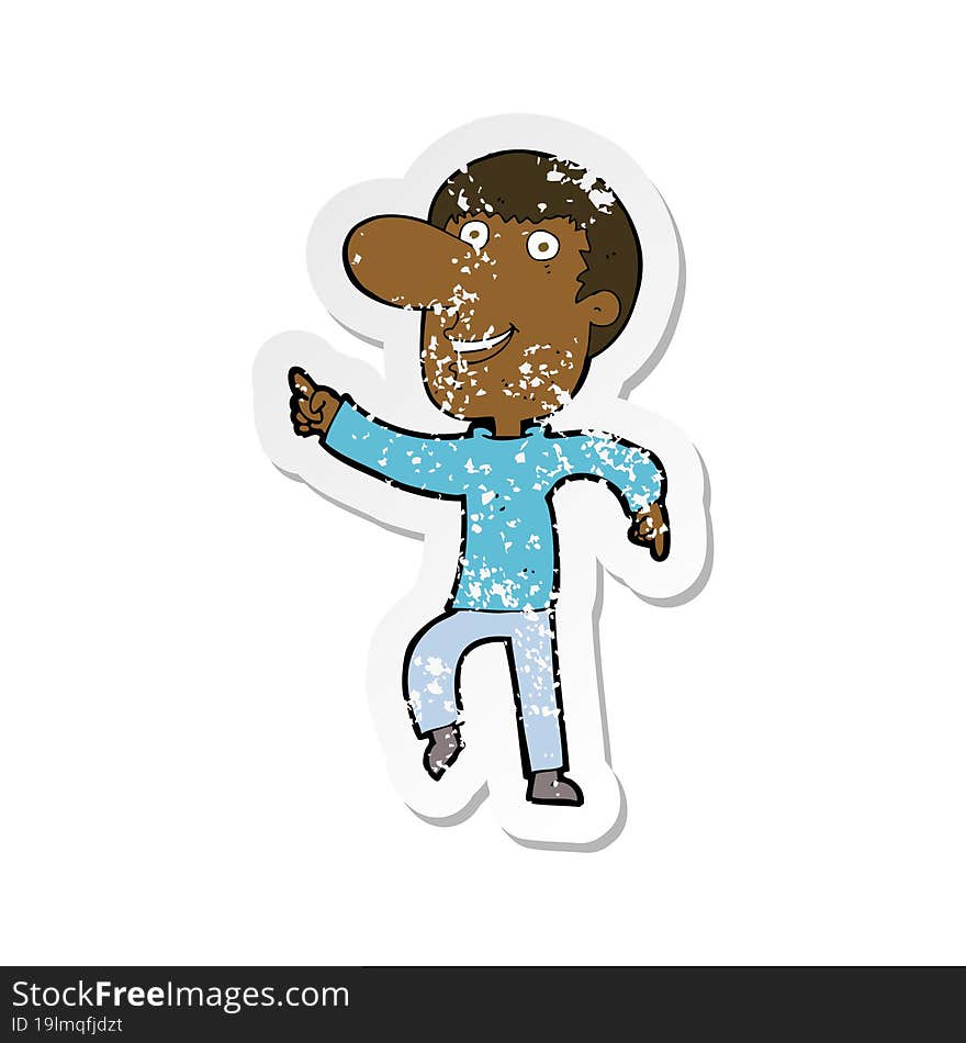 retro distressed sticker of a cartoon happy man dancing