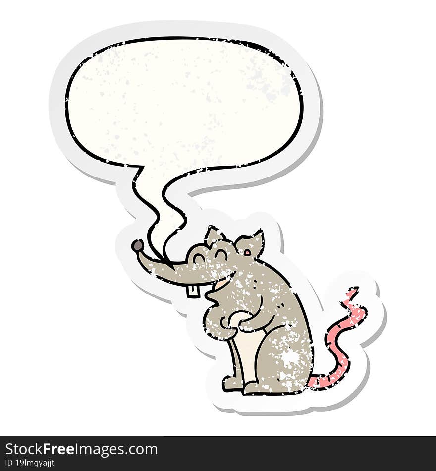 cartoon rat with speech bubble distressed distressed old sticker. cartoon rat with speech bubble distressed distressed old sticker