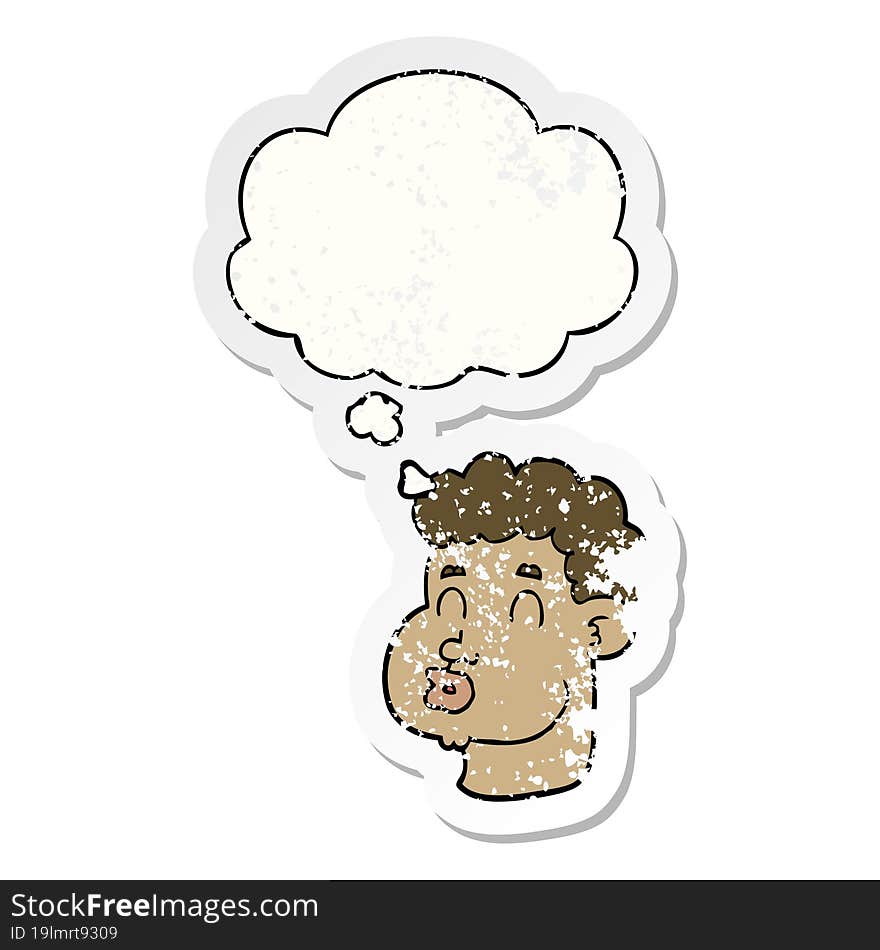 cartoon male face and thought bubble as a distressed worn sticker