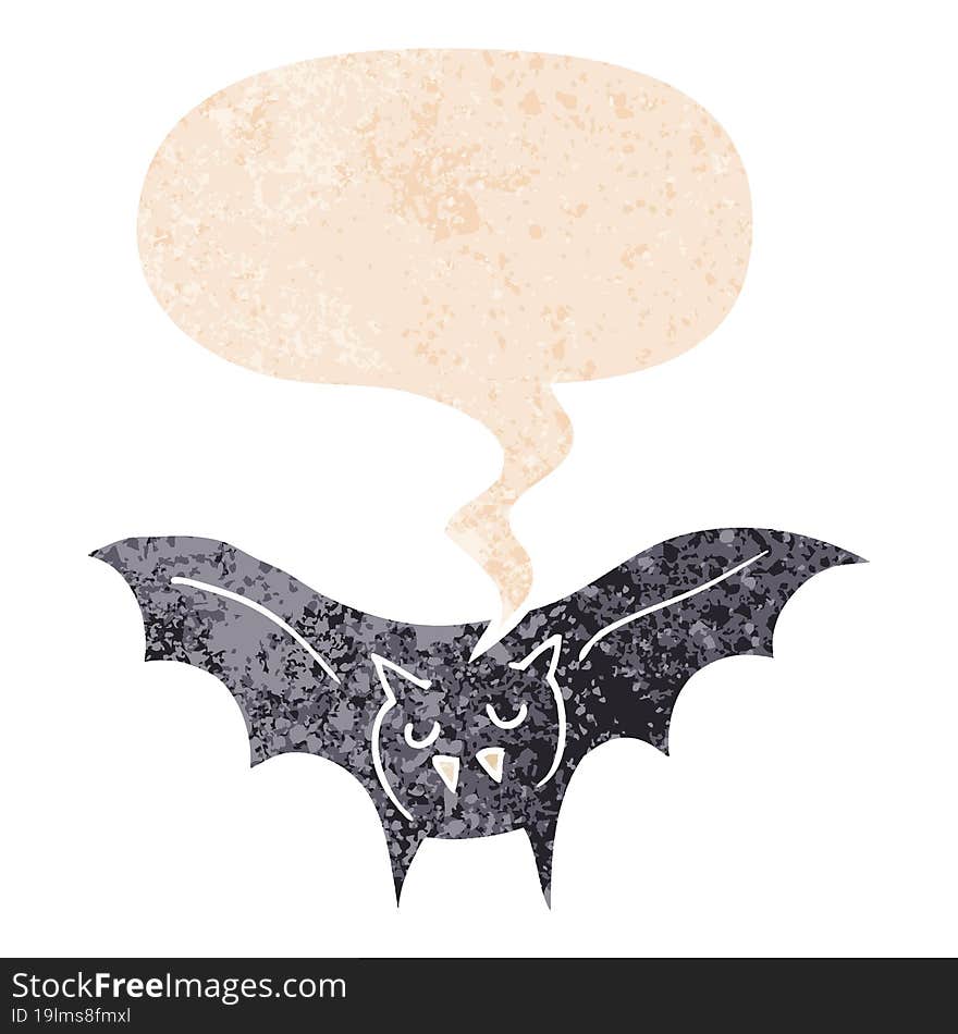 cartoon vampire bat and speech bubble in retro textured style