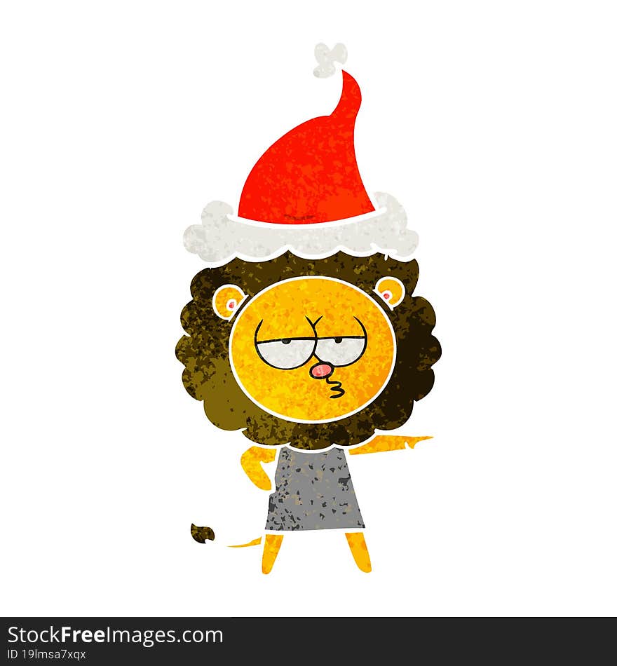 retro cartoon of a bored lion wearing santa hat