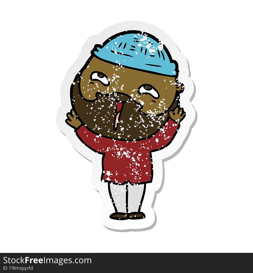 distressed sticker of a cartoon happy bearded man