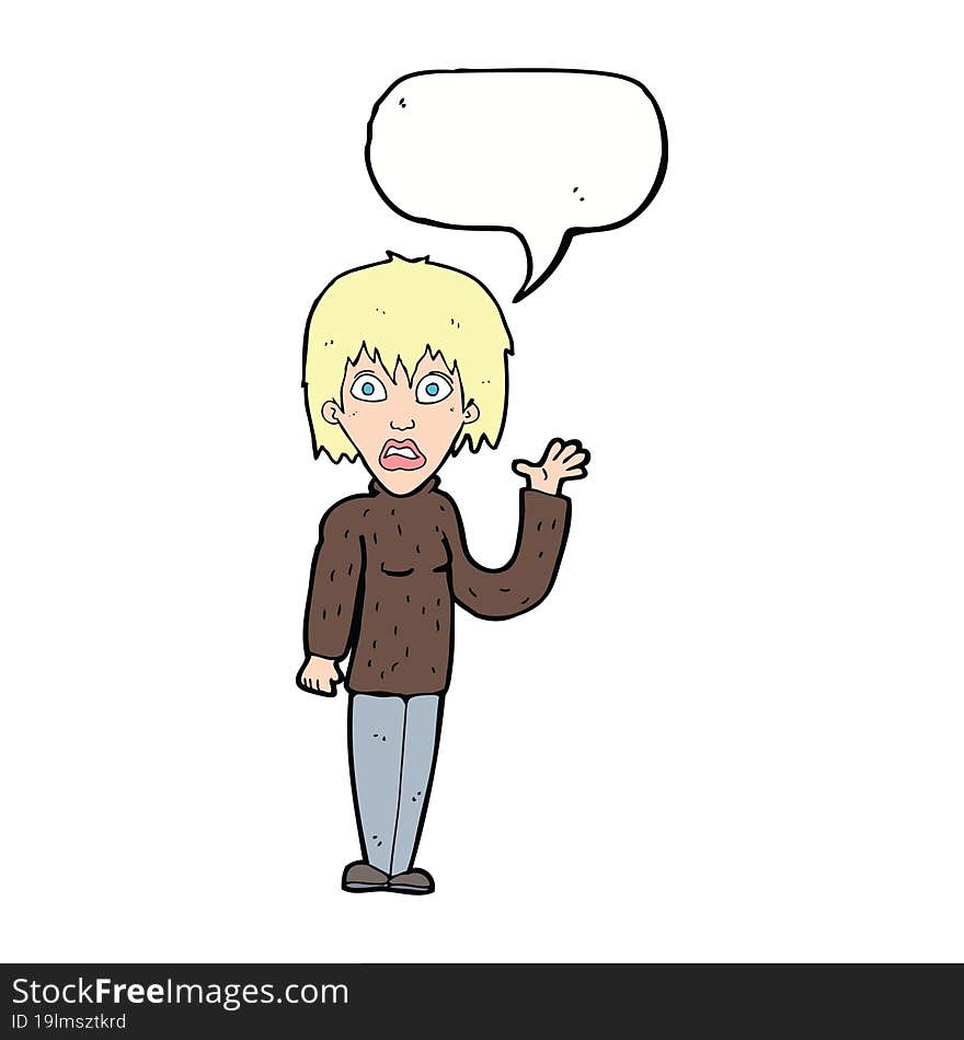 cartoon shocked woman waving hand with speech bubble