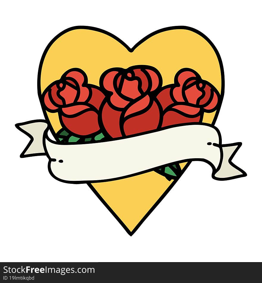 Traditional Tattoo Of A Heart And Banner With Flowers