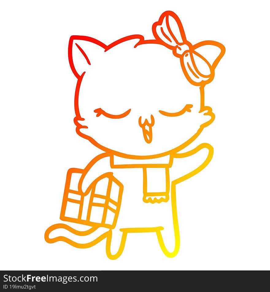 warm gradient line drawing cartoon girl cat with christmas present