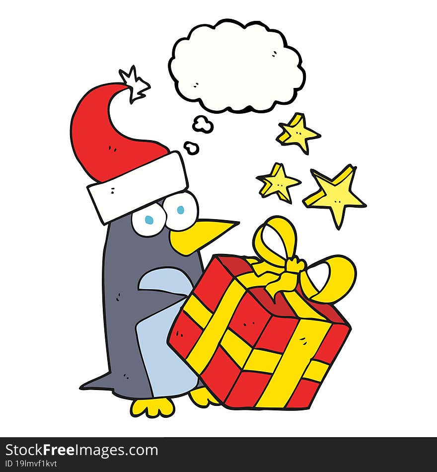 thought bubble cartoon christmas penguin with present